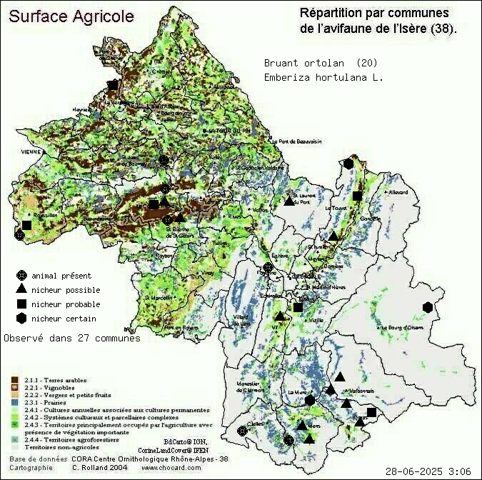 Bruant ortolan (Emberiza hortulana L.): carte de rpartition en Isre