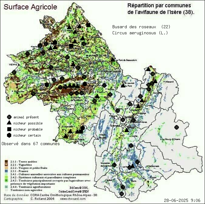 Busard des roseaux (Circus aeruginosus (L.)): carte de rpartition en Isre