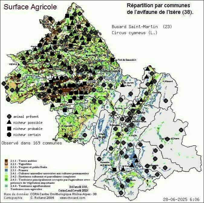 Busard Saint-Martin (Circus cyaneus (L.)): carte de rpartition en Isre