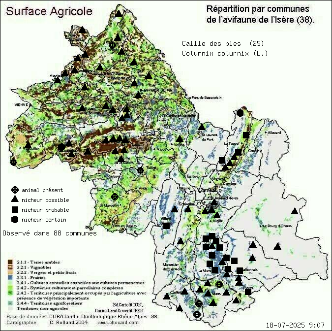 Carte de rpartition par communes en Isre d'une espce d'animal: Caille des bls (Coturnix coturnix (L.)) selon Agriculture