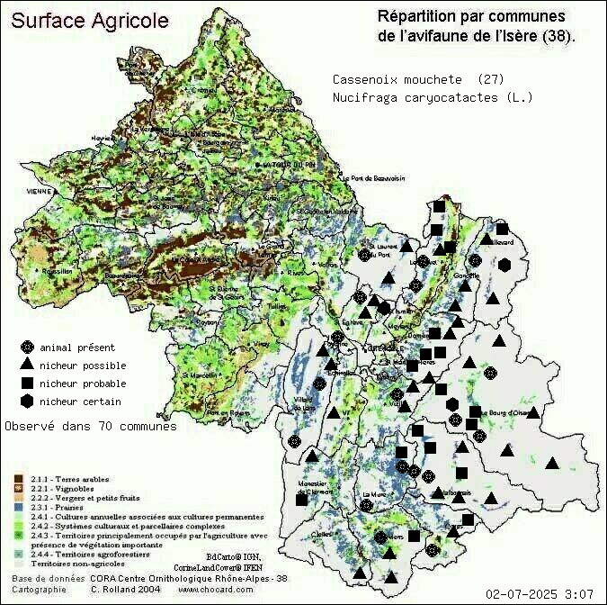 Carte de rpartition par communes en Isre d'une espce d'animal: Cassenoix mouchet (Nucifraga caryocatactes (L.)) selon Agriculture