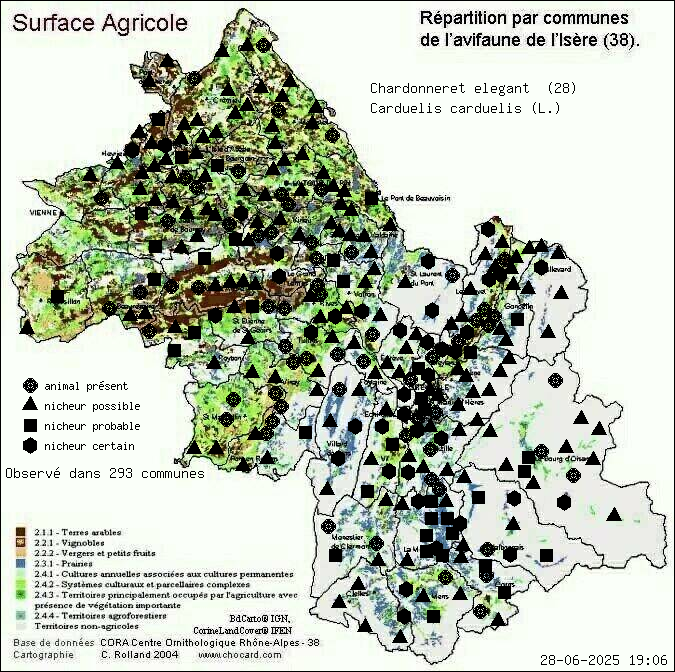 Carte de rpartition par communes en Isre d'une espce d'animal: Chardonneret lgant (Carduelis carduelis (L.)) selon Agriculture