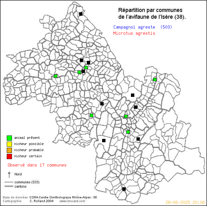Carte de rpartition par communes en Isre d'une espce d'animal: Campagnol agreste (Microtus agrestis) selon Communes et cantons