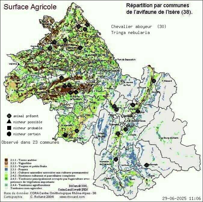 Carte de rpartition par communes en Isre d'une espce d'animal: Chevalier aboyeur (Tringa nebularia) selon Agriculture