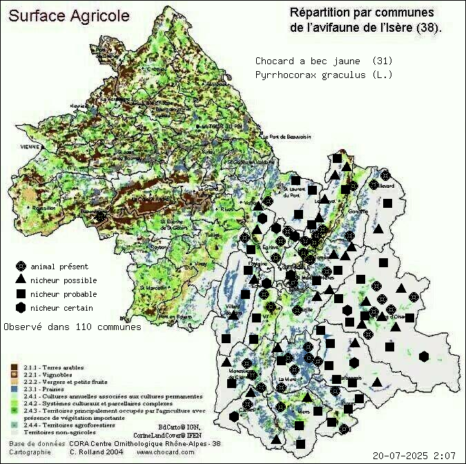 Carte de rpartition par communes en Isre d'une espce d'animal: Chocard  bec jaune (Pyrrhocorax graculus (L.)) selon Agriculture