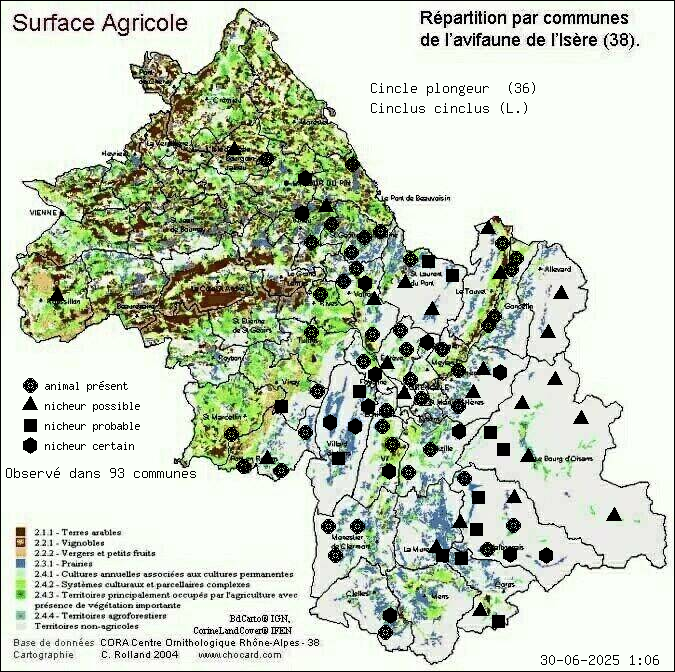 Carte de rpartition par communes en Isre d'une espce d'animal: Cincle plongeur (Cinclus cinclus (L.)) selon Agriculture