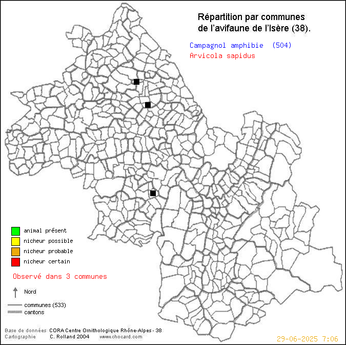 Carte de rpartition par communes en Isre d'une espce d'animal: Campagnol amphibie (Arvicola sapidus) selon Communes et cantons