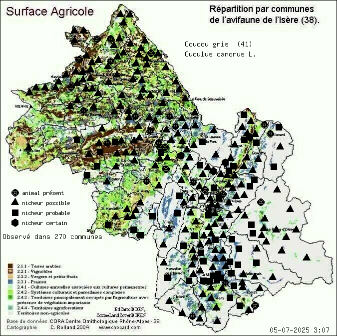 Coucou gris (Cuculus canorus L.): carte de rpartition en Isre