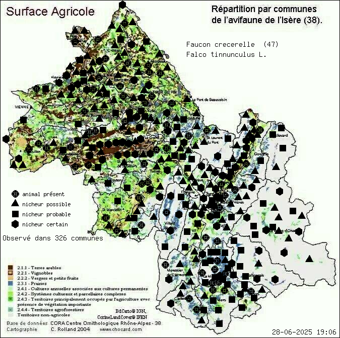 Faucon crcerelle (Falco tinnunculus L.): carte de rpartition en Isre