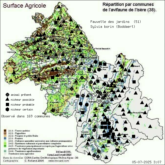 Fauvette des jardins (Sylvia borin (Boddaert)): carte de rpartition en Isre