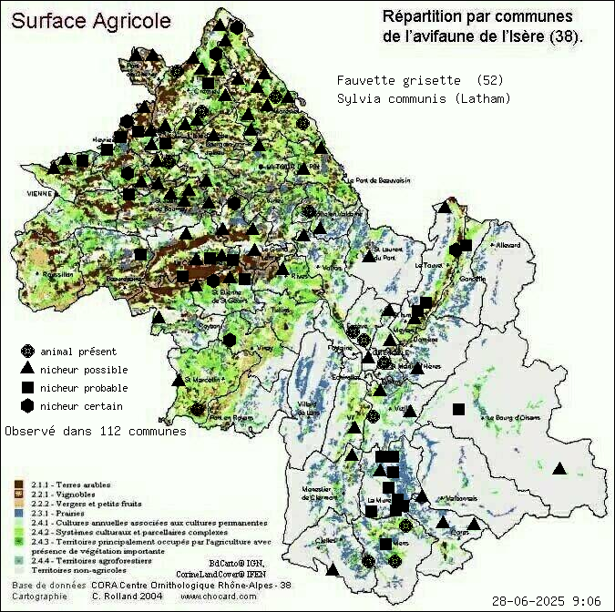 Fauvette grisette (Sylvia communis (Latham)): carte de rpartition en Isre