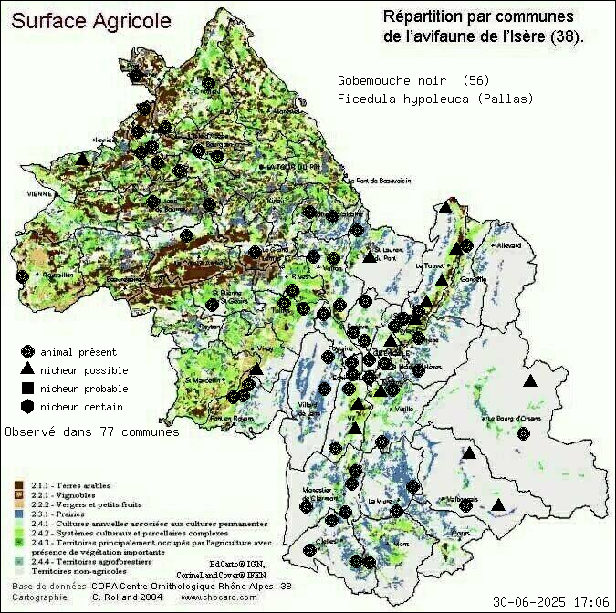 Gobemouche noir (Ficedula hypoleuca (Pallas)): carte de rpartition en Isre