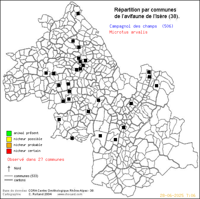 Carte de rpartition par communes en Isre d'une espce d'animal: Campagnol des champs (Microtus arvalis) selon Communes et cantons