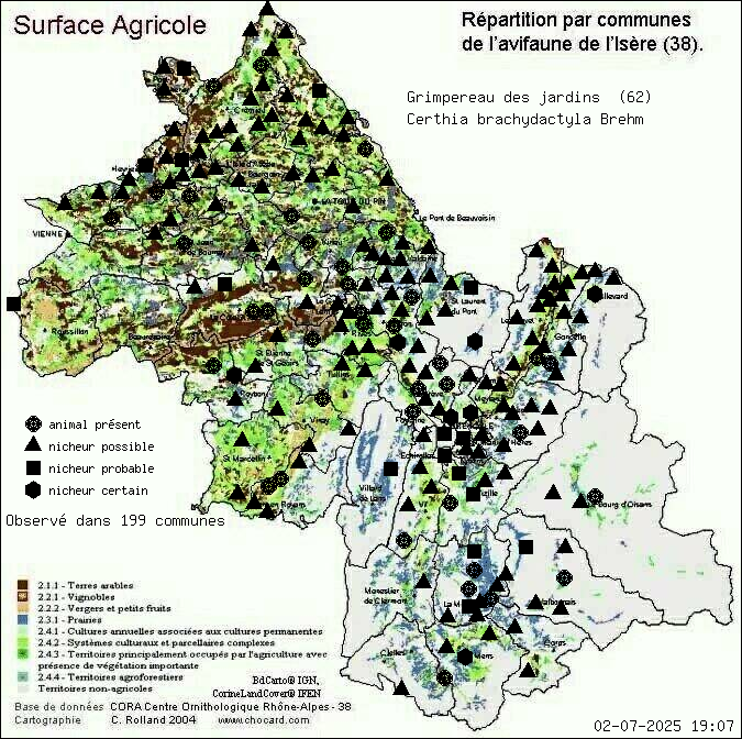 Carte de rpartition par communes en Isre d'une espce d'animal: Grimpereau des jardins (Certhia brachydactyla Brehm) selon Agriculture