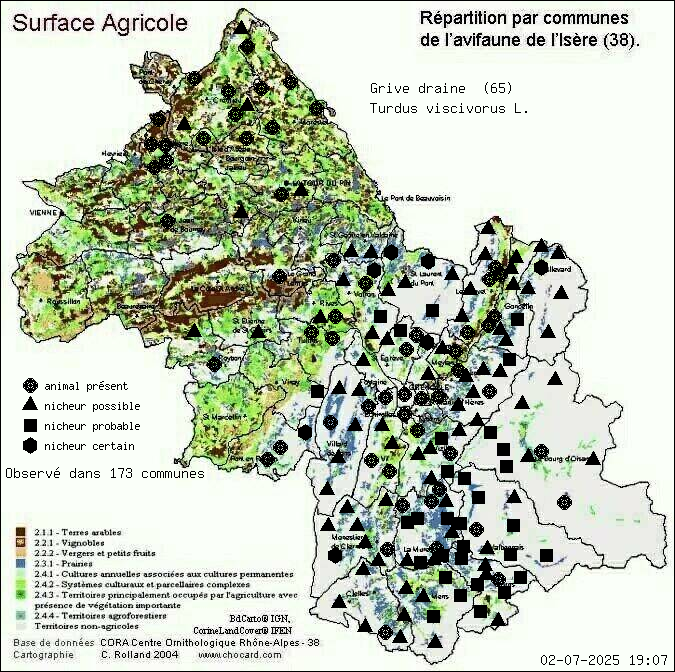 Carte de rpartition par communes en Isre d'une espce d'animal: Grive draine (Turdus viscivorus L.) selon Agriculture
