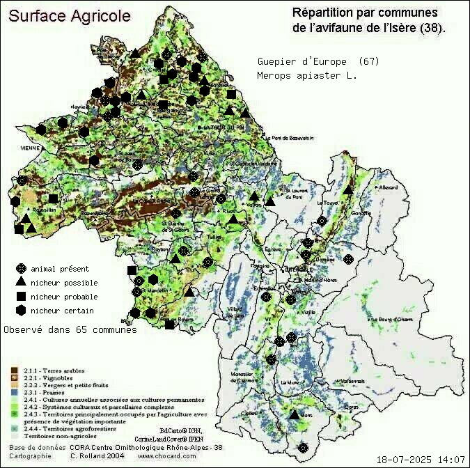 Carte de rpartition par communes en Isre d'une espce d'animal: Gupier d Europe (Merops apiaster L.) selon Agriculture