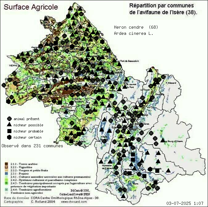 Carte de rpartition par communes en Isre d'une espce d'animal: Hron cendr (Ardea cinerea L.) selon Agriculture
