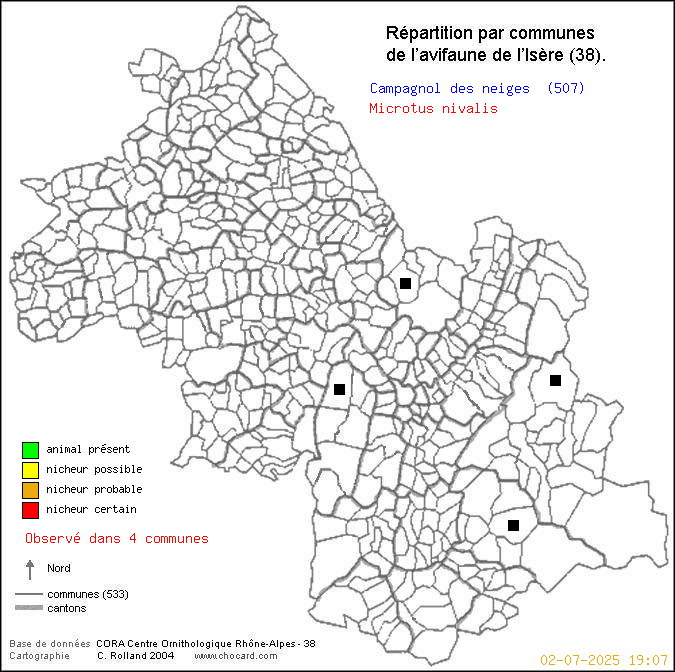 Carte de rpartition par communes en Isre d'une espce d'animal: Campagnol des neiges (Microtus nivalis) selon Communes et cantons