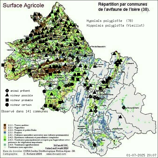 Hypolas polyglotte (Hippolais polyglotta (Vieillot)): carte de rpartition en Isre