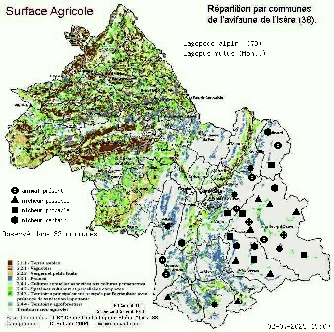 Lagopde alpin (Lagopus mutus (Mont.)): carte de rpartition en Isre