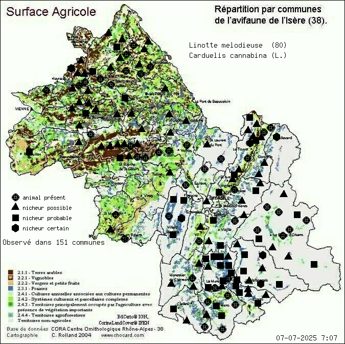 Carte de rpartition par communes en Isre d'une espce d'animal: Linotte mlodieuse (Carduelis cannabina (L.)) selon Agriculture