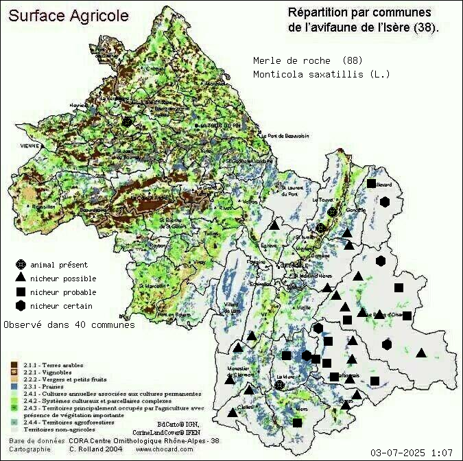 Carte de rpartition par communes en Isre d'une espce d'animal: Merle de roche (Monticola saxatillis (L.)) selon Agriculture