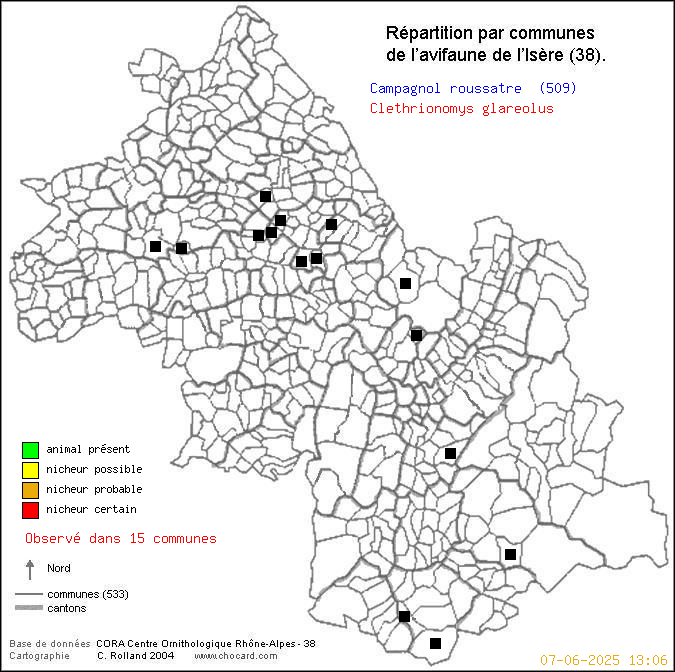 Carte de rpartition par communes en Isre d'une espce d'animal: Campagnol rousstre (Clethrionomys glareolus) selon Communes et cantons