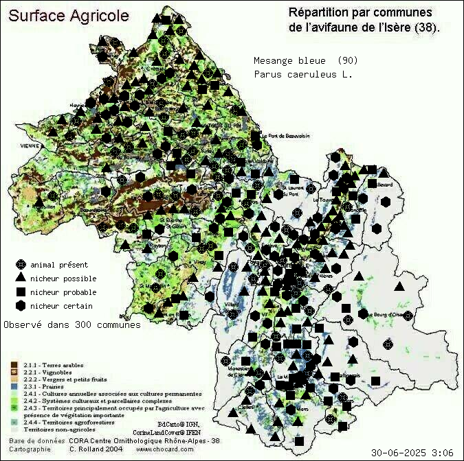 Carte de rpartition par communes en Isre d'une espce d'animal: Msange bleue (Parus caeruleus L.) selon Agriculture