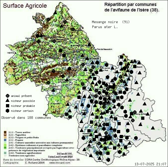 Carte de rpartition par communes en Isre d'une espce d'animal: Msange noire (Parus ater L.) selon Agriculture