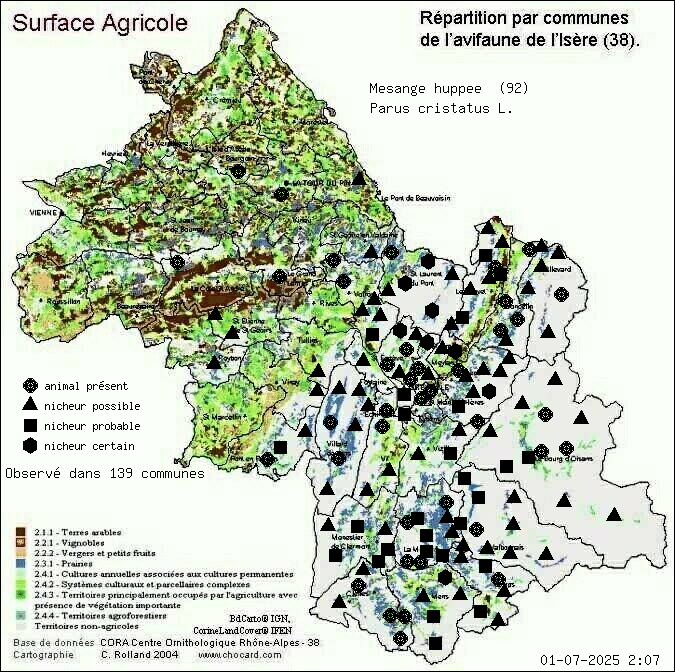 Carte de rpartition par communes en Isre d'une espce d'animal: Msange huppe (Parus cristatus L.) selon Agriculture