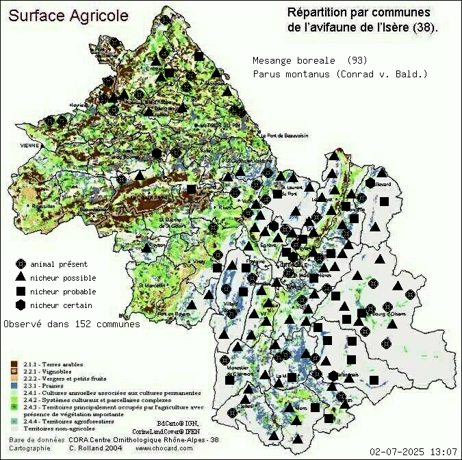 Carte de rpartition par communes en Isre d'une espce d'animal: Msange borale (Parus montanus (Conrad v. Bald.)) selon Agriculture