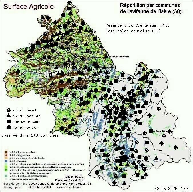 Carte de rpartition par communes en Isre d'une espce d'animal: Msange  longue queue (Aegithalos caudatus (L.)) selon Agriculture
