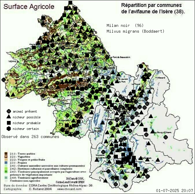 Carte de rpartition par communes en Isre d'une espce d'animal: Milan noir (Milvus migrans (Boddaert)) selon Agriculture