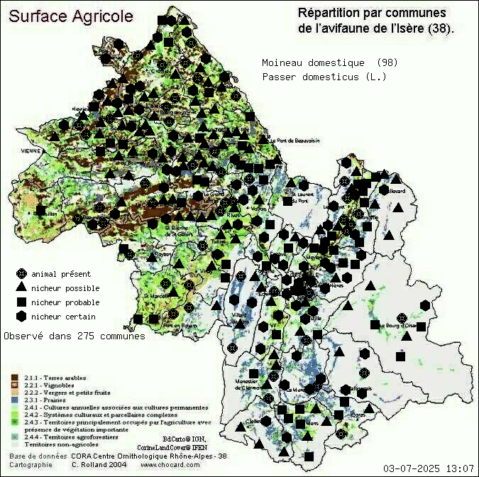 Carte de rpartition par communes en Isre d'une espce d'animal: Moineau domestique (Passer domesticus (L.)) selon Agriculture