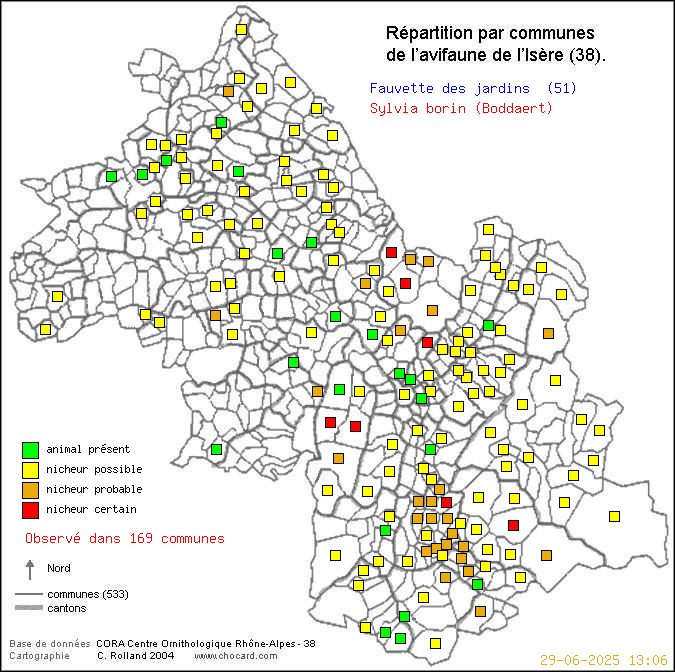 Carte de rpartition par communes en Isre d'une espce d'oiseau: Fauvette des jardins (Sylvia borin (Boddaert)) selon Communes et cantons