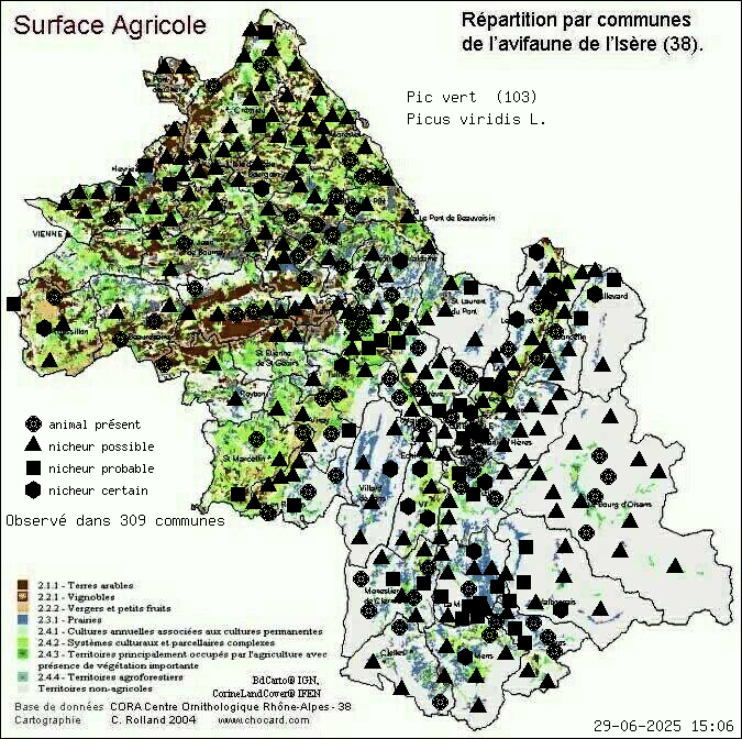 Pic vert (Picus viridis L.): carte de rpartition en Isre