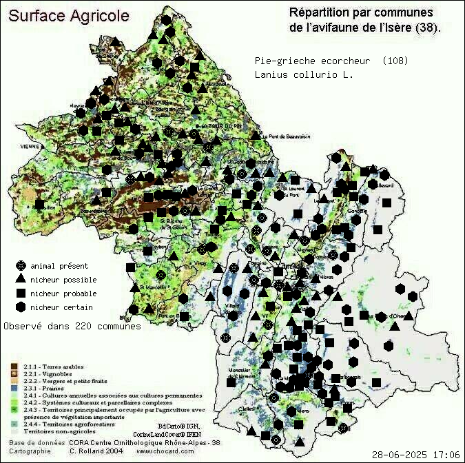 Pie-griche corcheur (Lanius collurio L.): carte de rpartition en Isre