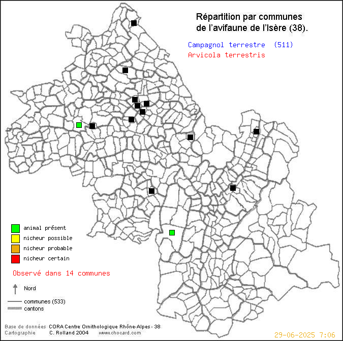 Carte de rpartition par communes en Isre d'une espce d'animal: Campagnol terrestre (Arvicola terrestris) selon Communes et cantons