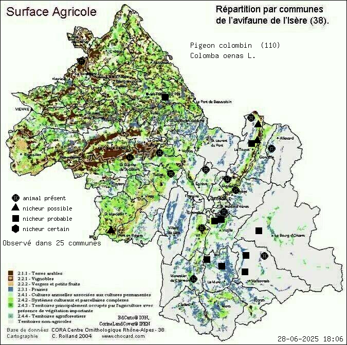 Pigeon colombin (Colomba oenas L.): carte de rpartition en Isre