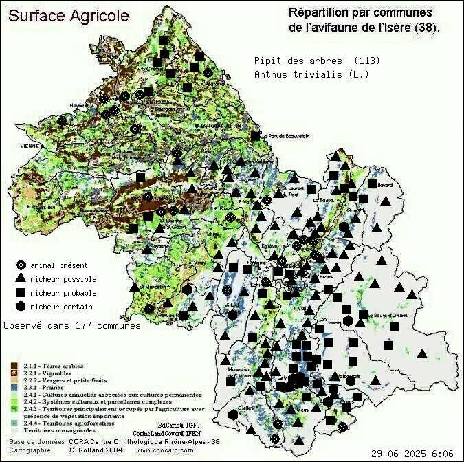 Pipit des arbres (Anthus trivialis (L.)): carte de rpartition en Isre