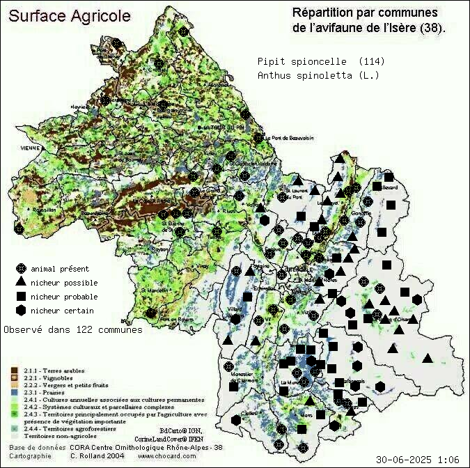 Pipit spioncelle (Anthus spinoletta (L.)): carte de rpartition en Isre