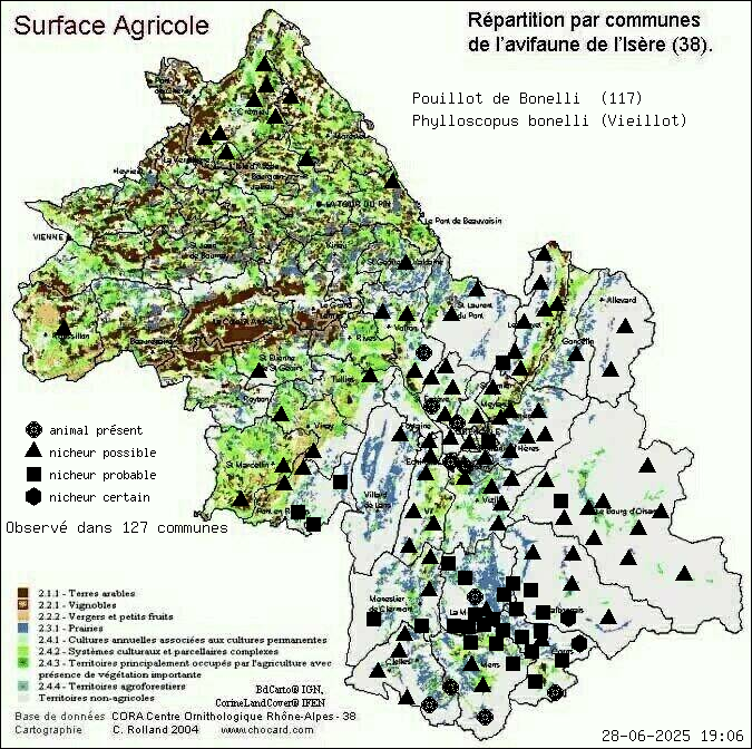 Pouillot de Bonelli (Phylloscopus bonelli (Vieillot)): carte de rpartition en Isre