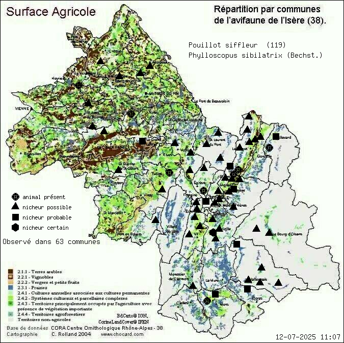 Pouillot siffleur (Phylloscopus sibilatrix (Bechst.)): carte de rpartition en Isre