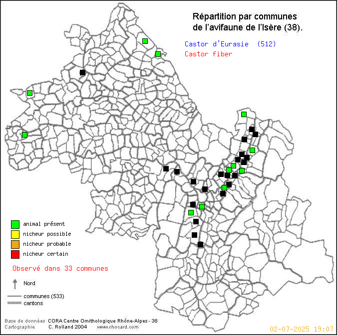 Carte de rpartition par communes en Isre d'une espce d'animal: Castor d Eurasie (Castor fiber) selon Communes et cantons