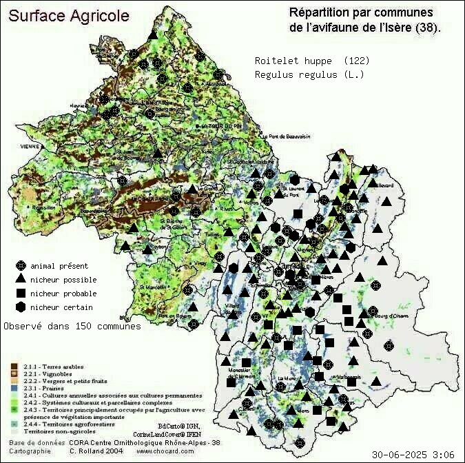 Roitelet hupp (Regulus regulus (L.)): carte de rpartition en Isre