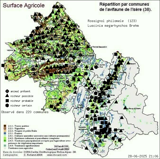 Rossignol philomle (Luscinia megarhynchos Brehm): carte de rpartition en Isre