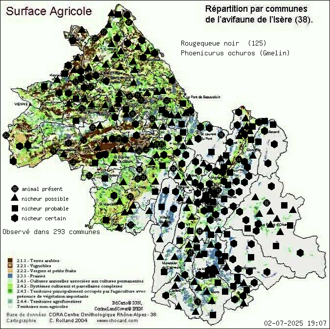 Rougequeue noir (Phoenicurus ochuros (Gmelin)): carte de rpartition en Isre
