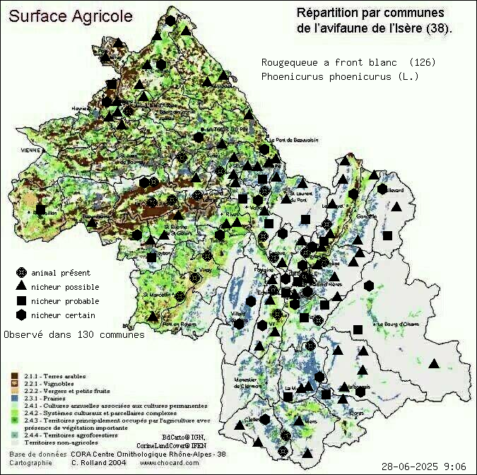 Rougequeue  front blanc (Phoenicurus phoenicurus (L.)): carte de rpartition en Isre