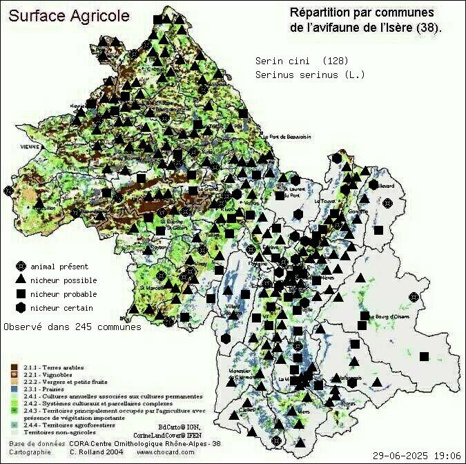 Carte de rpartition par communes en Isre d'une espce d'animal: Serin cini (Serinus serinus (L.)) selon Agriculture