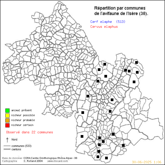 Carte de rpartition par communes en Isre d'une espce d'animal: Cerf laphe (Cervus elaphus) selon Communes et cantons